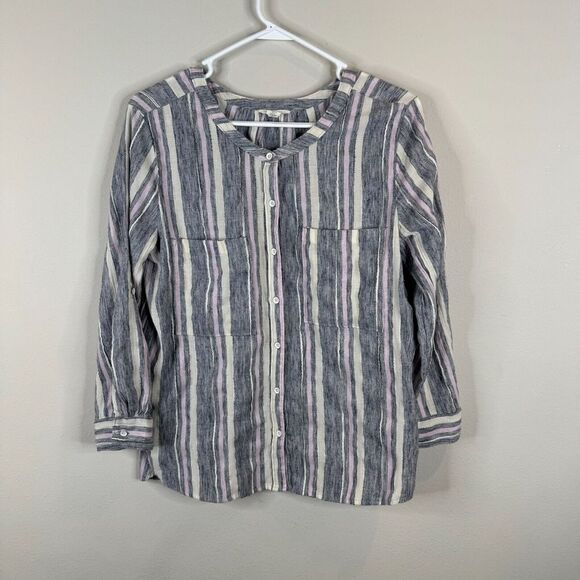 Caslon Blouse Womens M Striped Linen Blend‎ Puple Gray Fall - Picture 1 of 6